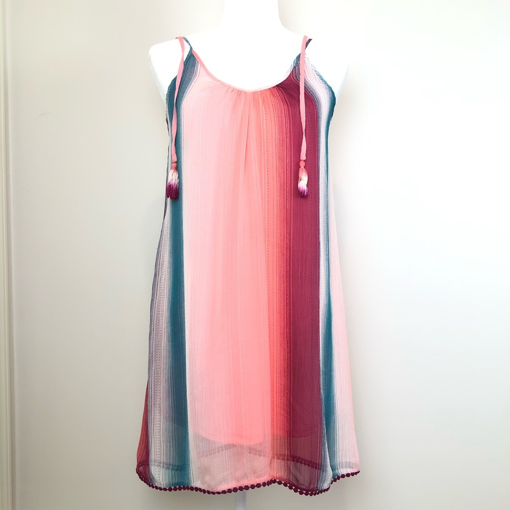XHILARATION Pink/Teal Stripe Dress with tassels XS